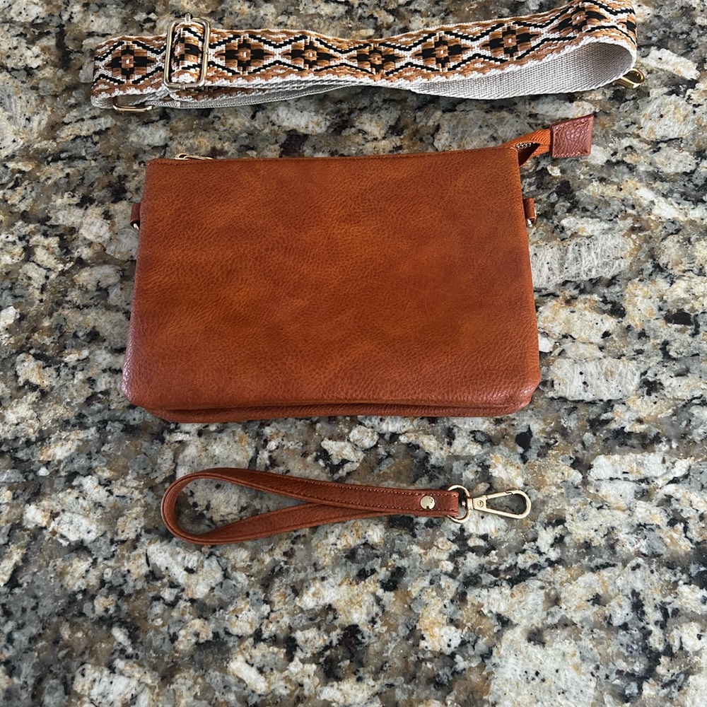 Brown Vegan Leather Crossbody Bag with 2 detachable Straps